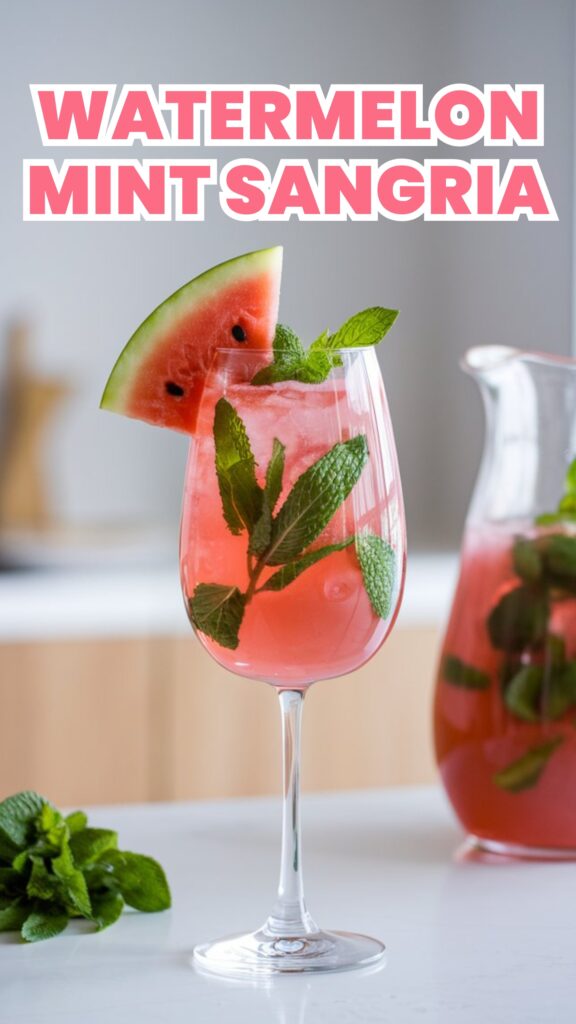 A glass of Watermelon Mint Sangria with fresh mint leaves and a watermelon wedge garnish, set against a bright, minimal white kitchen with a white countertop. A pitcher of sangria sits in the background, filled with vibrant pink sangria and floating mint leaves. The drink is crisp and bubbly, with condensation on the glass for a refreshing look.