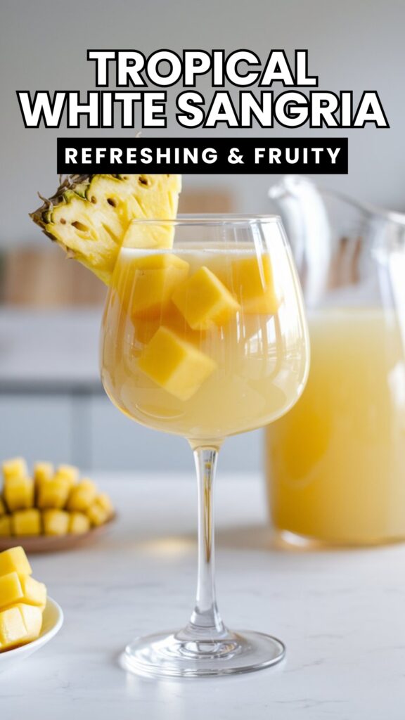 A glass of Tropical White Sangria with mango slices and a pineapple garnish, set against a bright, summery backdrop. The drink is golden and bubbly, with condensation on the glass for a refreshing look.