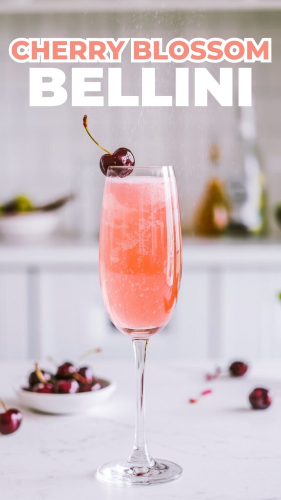 A Cherry Blossom Bellini served in a champagne flute with a soft pink hue, topped with bubbles and a fresh cherry garnish