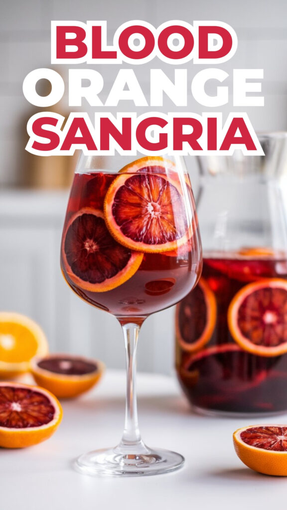 A glass of Blood Orange Red Wine Sangria with fresh orange slices and a deep red hue, set against a bright, minimal white kitchen with a white countertop. A pitcher of sangria sits in the background, filled with the same rich red sangria and floating orange slices. The drink has a vibrant, citrusy appearance, with condensation on the glass for a refreshing look.