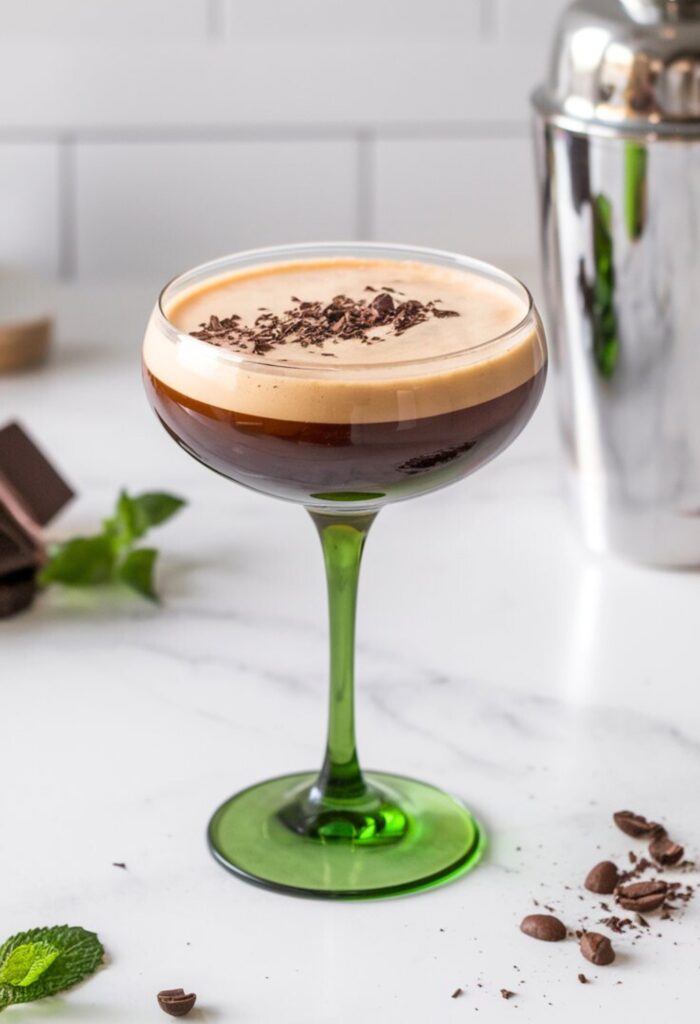 A rich and creamy Irish Cream Espresso Martini served in a chilled martini glass with a frothy top. The cocktail has a slight green tint from the crème de menthe, dusted with chocolate shavings and espresso beans. The background is a bright, clean, minimal white kitchen with a white countertop, evoking a cozy yet festive St. Patrick’s Day vibe. A hint of mint green is visible in the drink, reinforcing the refreshing minty flavor.