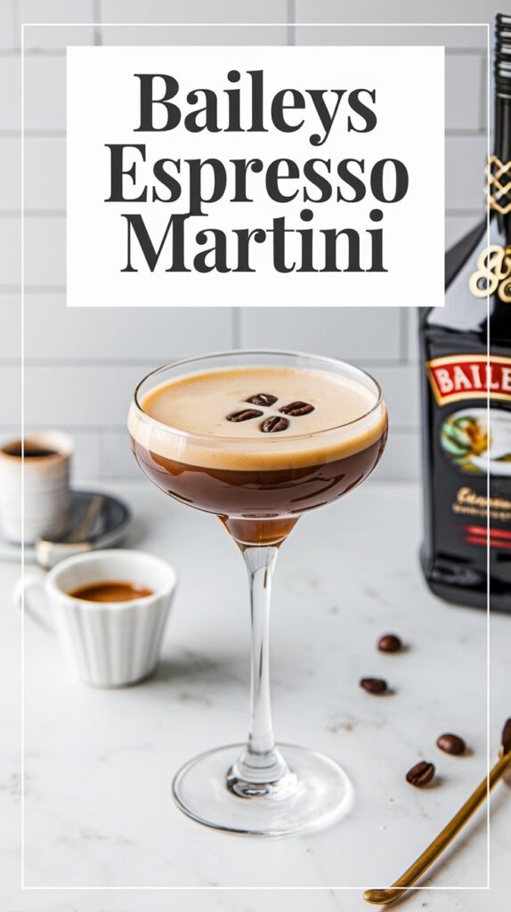 A Baileys Espresso Martini served in a sleek martini glass, garnished with three coffee beans. The drink has a rich, creamy color with a frothy top, set against a bright, minimal background with subtle coffee elements.