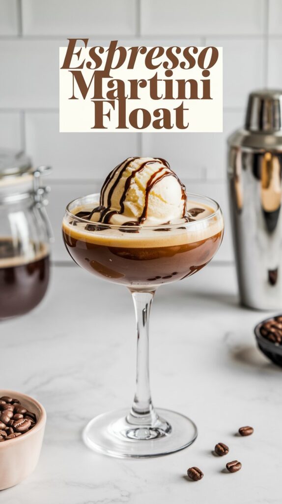 An Espresso Martini Float served in a sleek martini glass, topped with a scoop of vanilla ice cream and garnished with coffee beans. The drink has a rich, dark base with a creamy, frothy layer on top, set against a bright, minimal background.