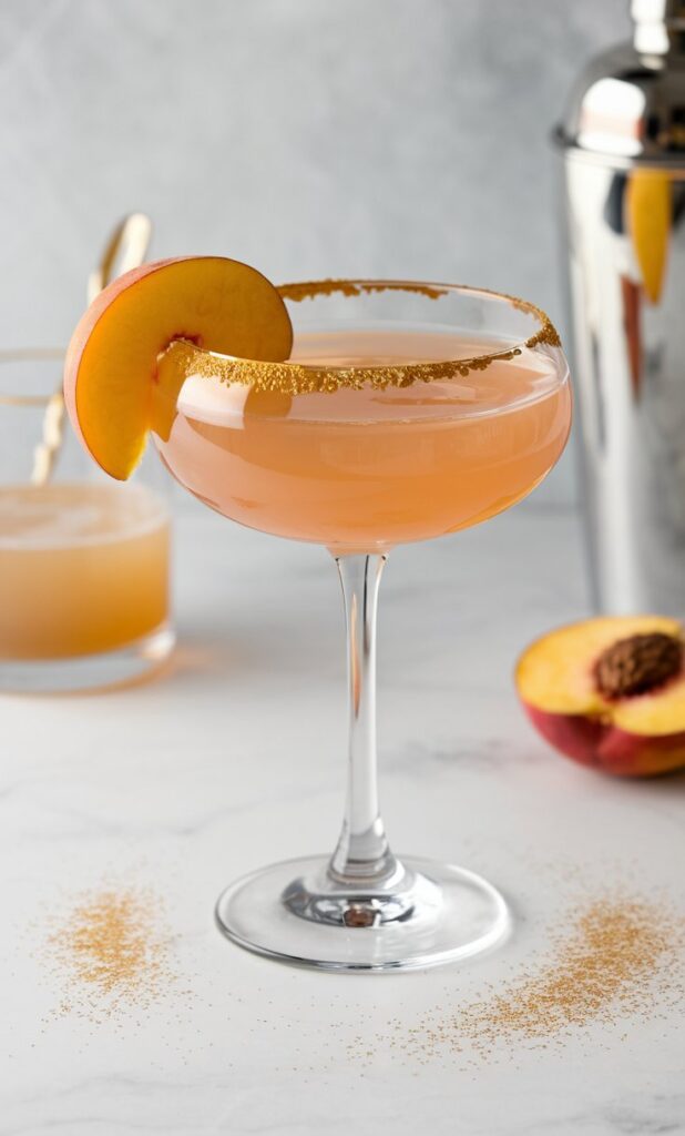 A refreshing peach martini cocktail in a martini glass garnished with fresh peach slices, sitting on a white marble countertop