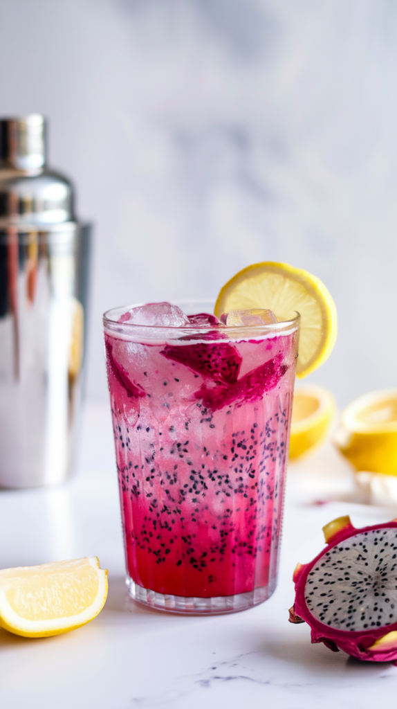 A vibrant pink Dragon Fruit Vodka Lemonade served over ice in a clear glass, garnished with a lemon slice and a wedge of fresh dragon fruit.