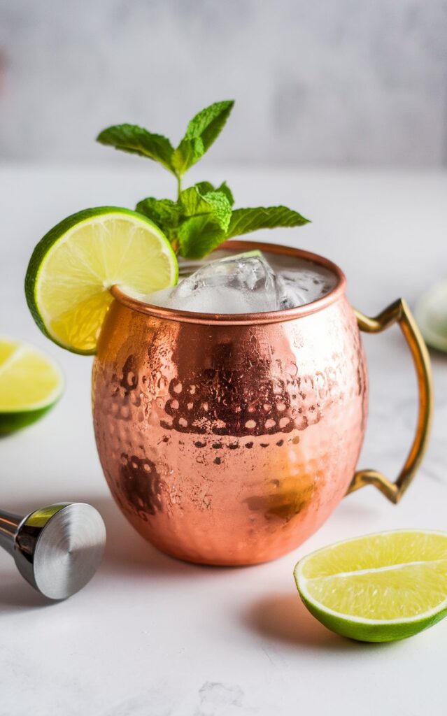 A refreshing Ginger Beer Mule Mocktail served in a glass with ice, fresh lime wedges, and mint sprigs, with bubbles rising to the surface.