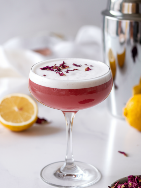 A deep pink Hibiscus Rose Gin Sour served in a coupe glass, topped with a frothy egg white foam and sprinkled with delicate dried rose petals.