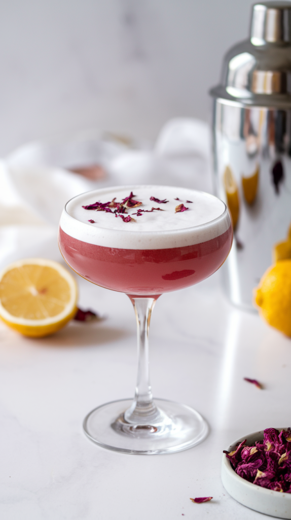 A deep pink Hibiscus Rose Gin Sour served in a coupe glass, topped with a frothy egg white foam and sprinkled with delicate dried rose petals.