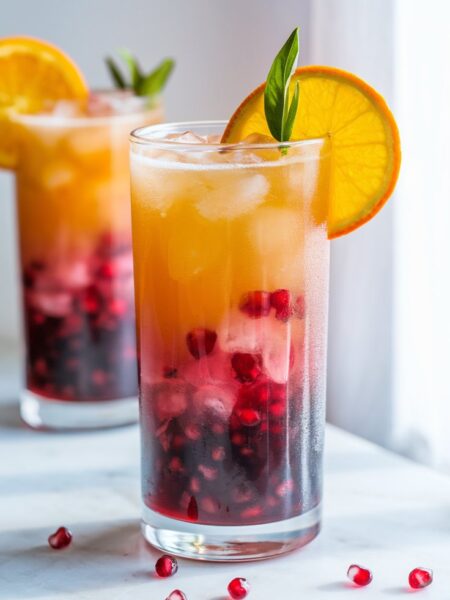 A refreshing Kombucha Sunrise in a clear glass, showcasing vibrant layers of orange juice, ginger or citrus kombucha, and a drizzle of deep red pomegranate juice creating a sunset effect. Served over ice with a slice of orange for garnish.