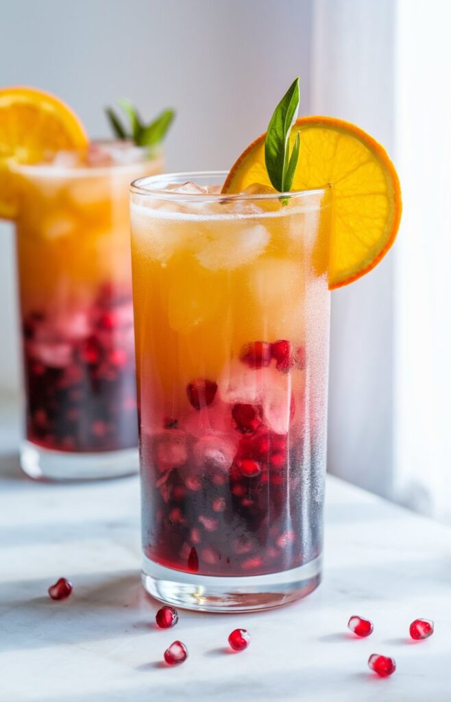 A refreshing Kombucha Sunrise in a clear glass, showcasing vibrant layers of orange juice, ginger or citrus kombucha, and a drizzle of deep red pomegranate juice creating a sunset effect. Served over ice with a slice of orange for garnish.