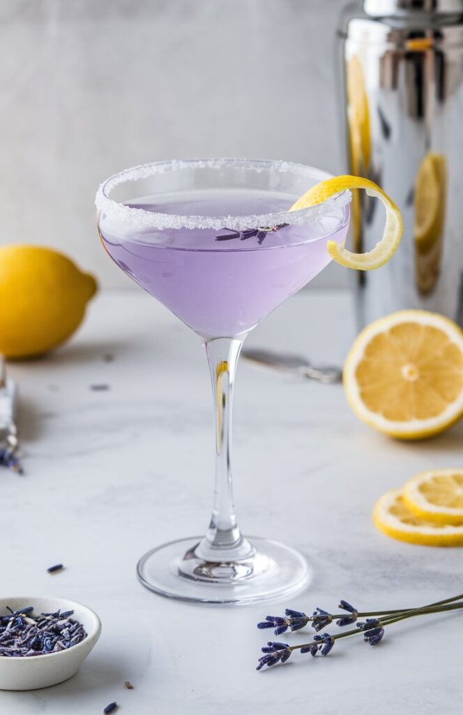 A beautifully crafted Lavender Lemon Drop Martini in a chilled glass, rimmed with sugar and garnished with a lemon twist and edible lavender flowers.