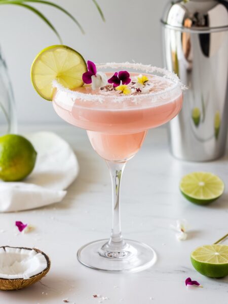 A creamy and vibrant Pink Coconut Margarita served in a classic margarita glass with a coconut-rimmed edge. The blush pink cocktail is garnished with a lime wheel and colorful edible flowers, creating a tropical and elegant presentation. Fresh limes, coconut flakes, and a cocktail shaker are in the background, enhancing the vacation-like atmosphere.