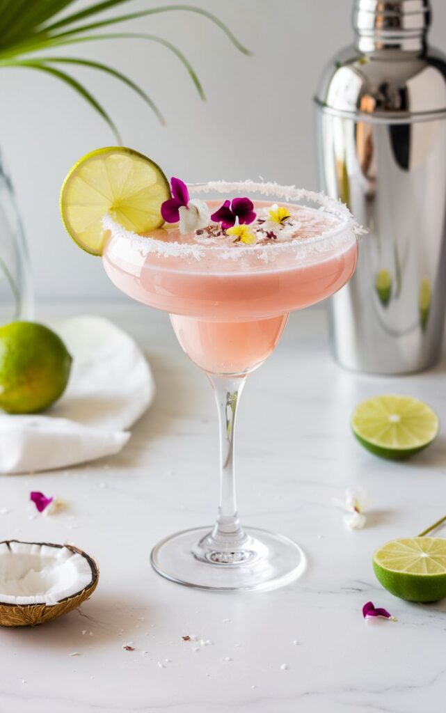 A creamy and vibrant Pink Coconut Margarita served in a classic margarita glass with a coconut-rimmed edge. The blush pink cocktail is garnished with a lime wheel and colorful edible flowers, creating a tropical and elegant presentation. Fresh limes, coconut flakes, and a cocktail shaker are in the background, enhancing the vacation-like atmosphere.