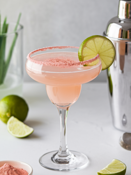 A pastel pink matcha margarita served in a salt-rimmed glass, garnished with a lime wheel and a dusting of pink matcha powder.