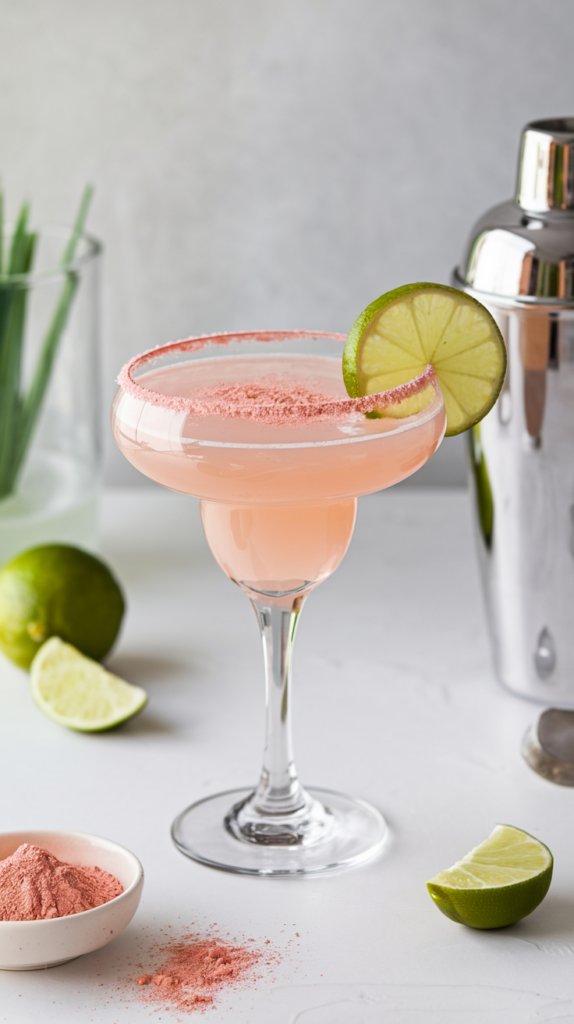 A pastel pink matcha margarita served in a salt-rimmed glass, garnished with a lime wheel and a dusting of pink matcha powder.