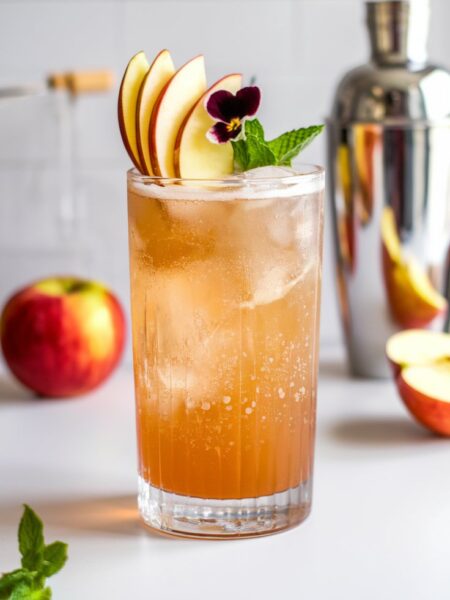 A bubbly Spiced Ginger Beer and Apple Fizz in a clear glass, filled with ice and topped with fresh apple juice and ginger beer. The drink has a warm golden hue and is garnished with thin apple slices, a cinnamon stick, fresh mint, and an edible flower. A cocktail shaker and fresh apples are in the background, creating a cozy, autumn-inspired scene.