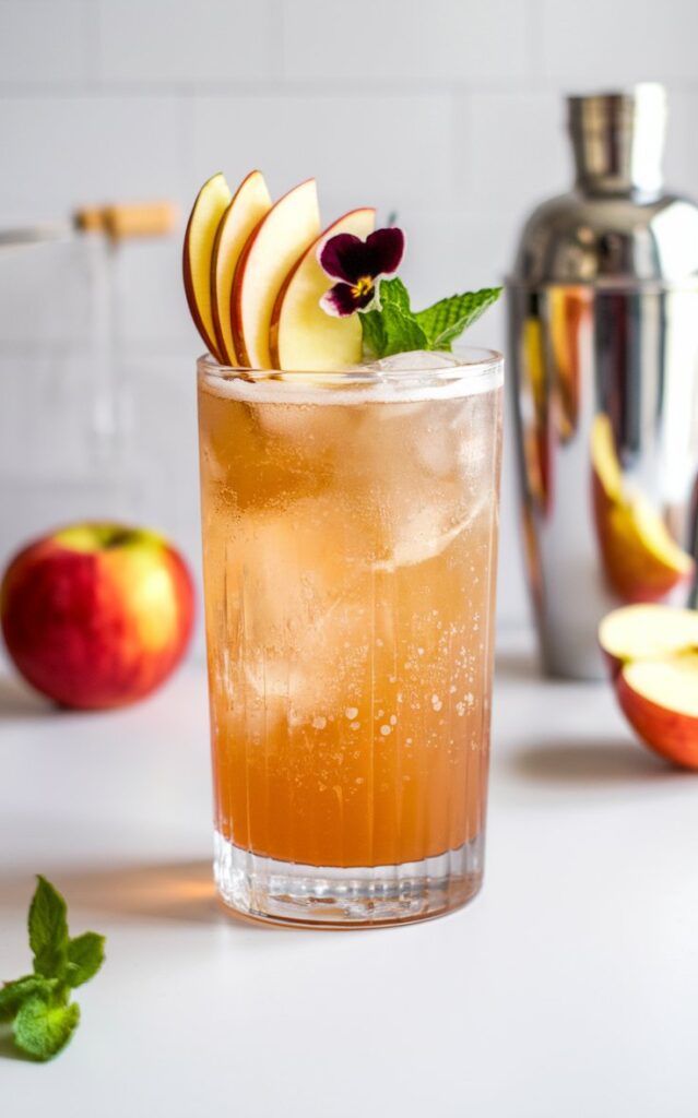 A bubbly Spiced Ginger Beer and Apple Fizz in a clear glass, filled with ice and topped with fresh apple juice and ginger beer. The drink has a warm golden hue and is garnished with thin apple slices, a cinnamon stick, fresh mint, and an edible flower. A cocktail shaker and fresh apples are in the background, creating a cozy, autumn-inspired scene.