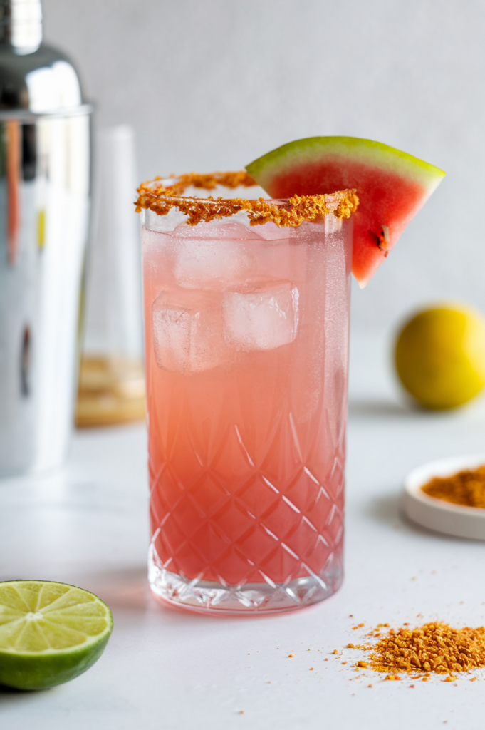 A vibrant pink Spicy Watermelon Paloma served in a Tajín-rimmed glass, garnished with a fresh watermelon slice, with condensation on the glass for a refreshing summer feel.