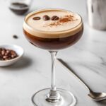 A beautifully frothed Virgin Espresso Martini in a chilled glass, topped with coffee beans for a classic touch.