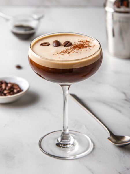 A beautifully frothed Virgin Espresso Martini in a chilled glass, topped with coffee beans for a classic touch.