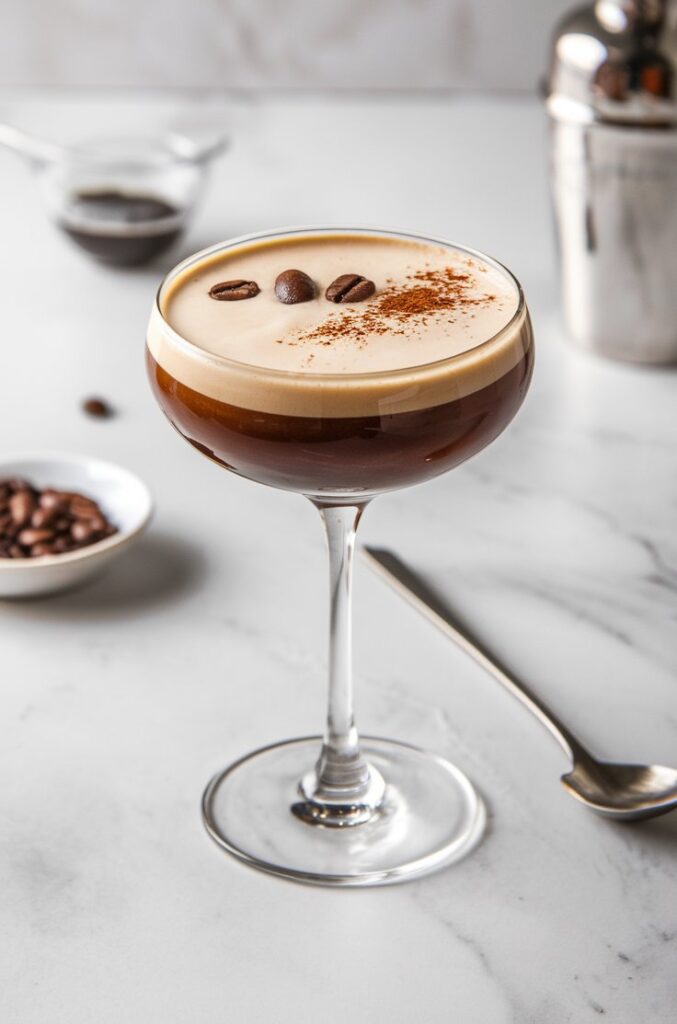 A beautifully frothed Virgin Espresso Martini in a chilled glass, topped with coffee beans for a classic touch.