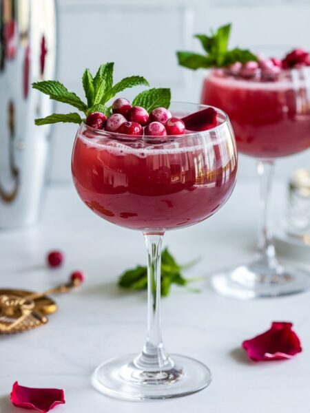 A romantic and refreshing Zero-Sugar Love Potion Punch served in an elegant coupe glass. The deep red mocktail is topped with fresh mint, frozen cranberries, and delicate rose petals, creating a festive Valentine's Day drink. A cocktail shaker and scattered rose petals add to the dreamy ambiance in the background.