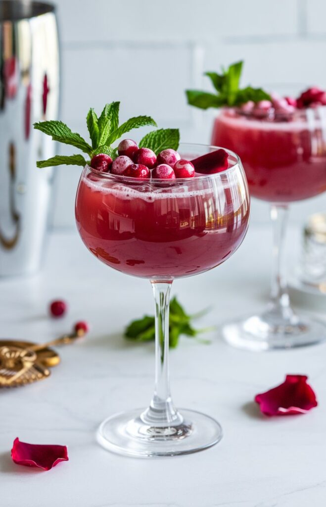 A romantic and refreshing Zero-Sugar Love Potion Punch served in an elegant coupe glass. The deep red mocktail is topped with fresh mint, frozen cranberries, and delicate rose petals, creating a festive Valentine's Day drink. A cocktail shaker and scattered rose petals add to the dreamy ambiance in the background.