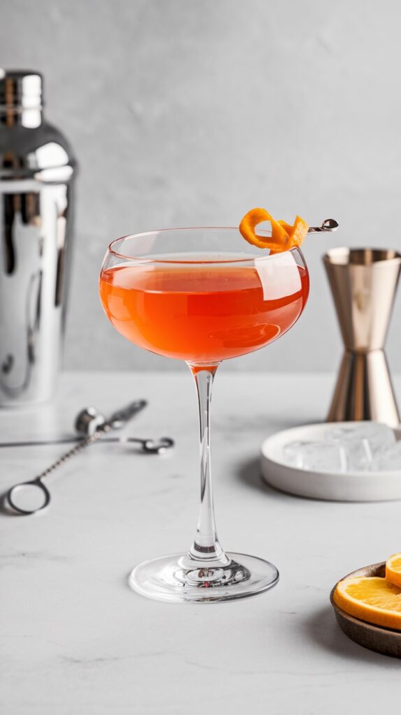 A vibrant orange Aperol Gin Martini served in a chilled martini glass with a delicate orange peel garnish, resting on a sleek cocktail napkin.