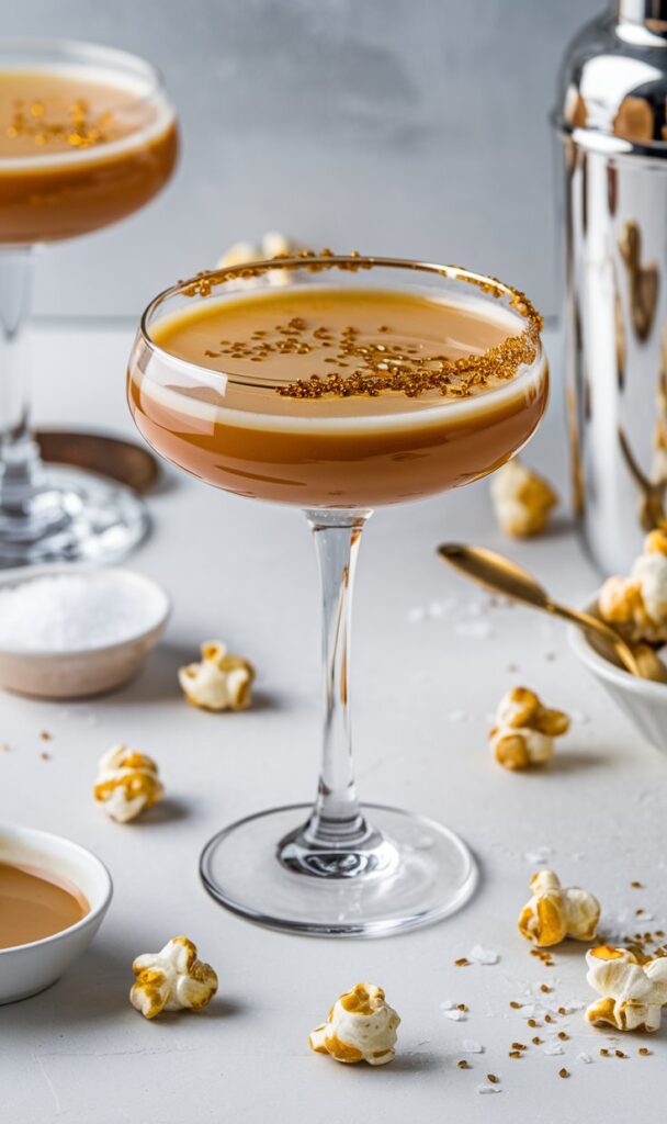 A luxurious Salted Caramel Martini in a chilled glass, rimmed with caramel and flaky sea salt, served with a rich, creamy texture.