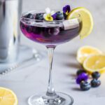 A vibrant Blueberry Limoncello Martini in a chilled martini glass, garnished with fresh blueberries and a lemon twist.