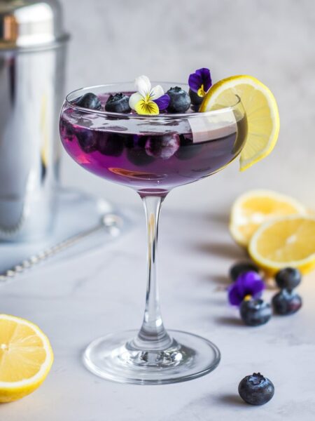 A vibrant Blueberry Limoncello Martini in a chilled martini glass, garnished with fresh blueberries and a lemon twist.