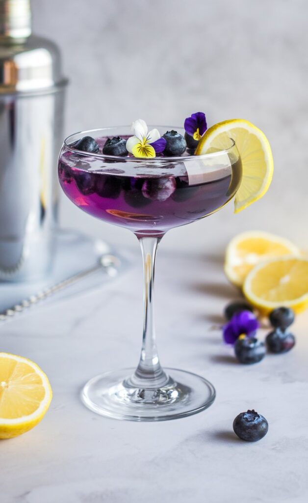 A vibrant Blueberry Limoncello Martini in a chilled martini glass, garnished with fresh blueberries and a lemon twist.