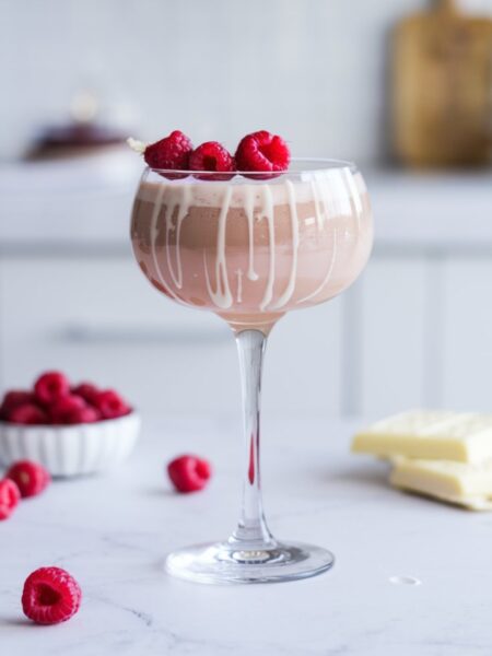 A Raspberry White Chocolate Martini served in a chilled martini glass with white chocolate drizzle and fresh raspberries on top. The drink has a smooth, creamy texture with a soft pink hue.