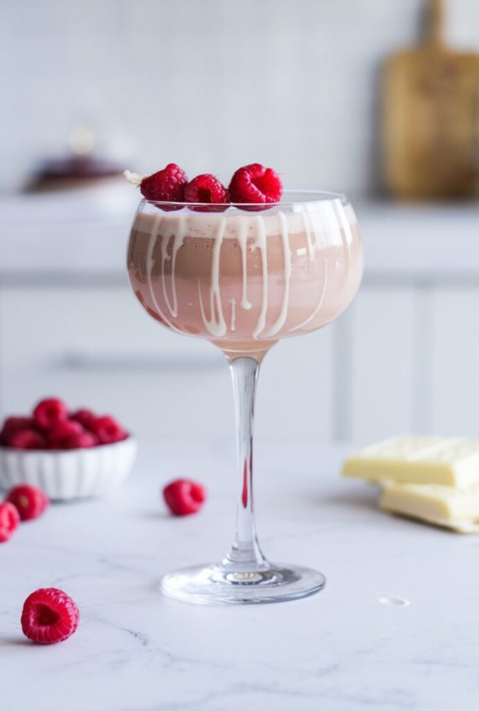 A Raspberry White Chocolate Martini served in a chilled martini glass with white chocolate drizzle and fresh raspberries on top. The drink has a smooth, creamy texture with a soft pink hue.