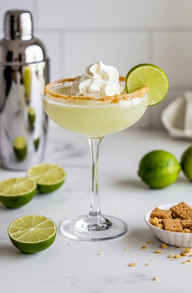 A creamy Key Lime Pie Martini served in a chilled martini glass with a graham cracker rim, topped with whipped cream and a lime wheel. The drink has a pale green hue and sits on a bright, minimal white kitchen counter with soft lighting.