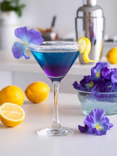 A striking Butterfly Pea Flower Lemon Drop Martini in a chilled martini glass with a sugared rim and a lemon twist garnish. The drink transitions from deep blue to purple as lemon juice is mixed in. The background features a bright, minimal white kitchen with a cocktail shaker, fresh lemons, and a bottle of infused vodka to showcase the preparation process.