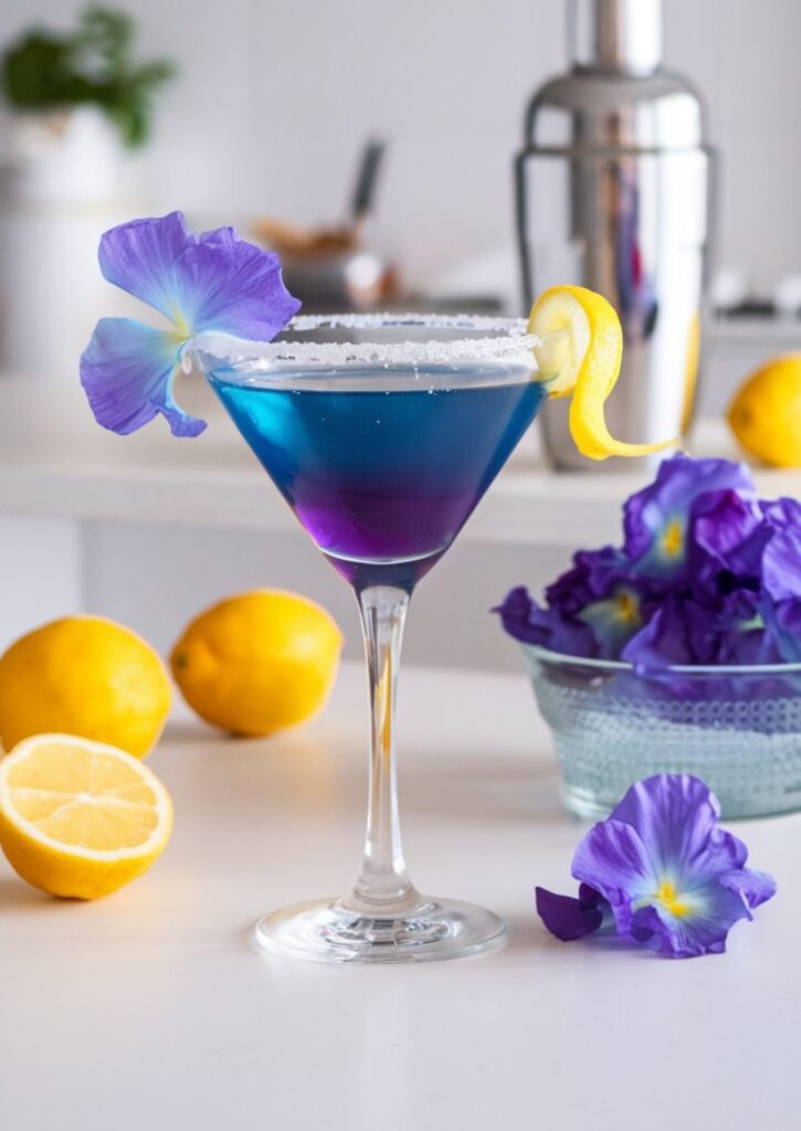 A striking Butterfly Pea Flower Lemon Drop Martini in a chilled martini glass with a sugared rim and a lemon twist garnish. The drink transitions from deep blue to purple as lemon juice is mixed in. The background features a bright, minimal white kitchen with a cocktail shaker, fresh lemons, and a bottle of infused vodka to showcase the preparation process.