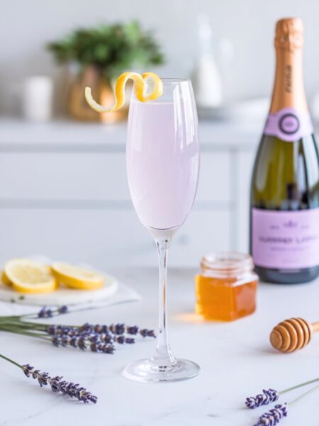 A beautifully crafted Lavender Honey French 75 served in a tall, chilled champagne flute with a delicate lemon twist garnish. The drink has a pale golden hue with a slight lavender undertone. The background features a bright, minimal white kitchen with fresh lavender sprigs, a honey jar, and a bottle of champagne to showcase the preparation process.