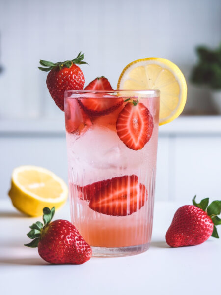 A refreshing glass of Strawberry Rose Lemonade with ice, garnished with fresh strawberries and a lemon slice. The drink has a soft pink hue with a delicate floral touch.