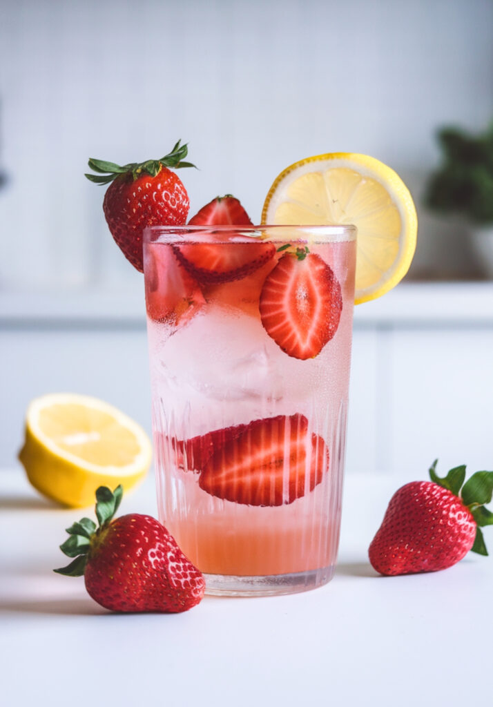 A refreshing glass of Strawberry Rose Lemonade with ice, garnished with fresh strawberries and a lemon slice. The drink has a soft pink hue with a delicate floral touch.