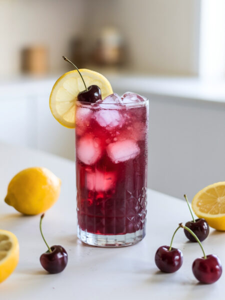 A refreshing glass of Cortisol-Balancing Tart Cherry Spritz with ice, garnished with a cherry and a lemon slice. The drink has a deep red hue with a slight effervescent glow.