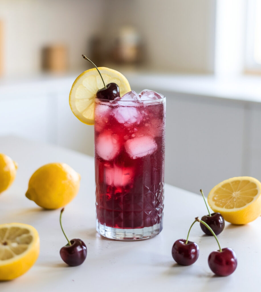 A refreshing glass of Cortisol-Balancing Tart Cherry Spritz with ice, garnished with a cherry and a lemon slice. The drink has a deep red hue with a slight effervescent glow.