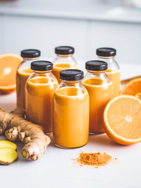 A fresh Orange Ginger Immunity Shot served in small glass bottles, arranged on a bright white surface with fresh orange slices and ginger root around. The drink has a vibrant golden-orange hue.