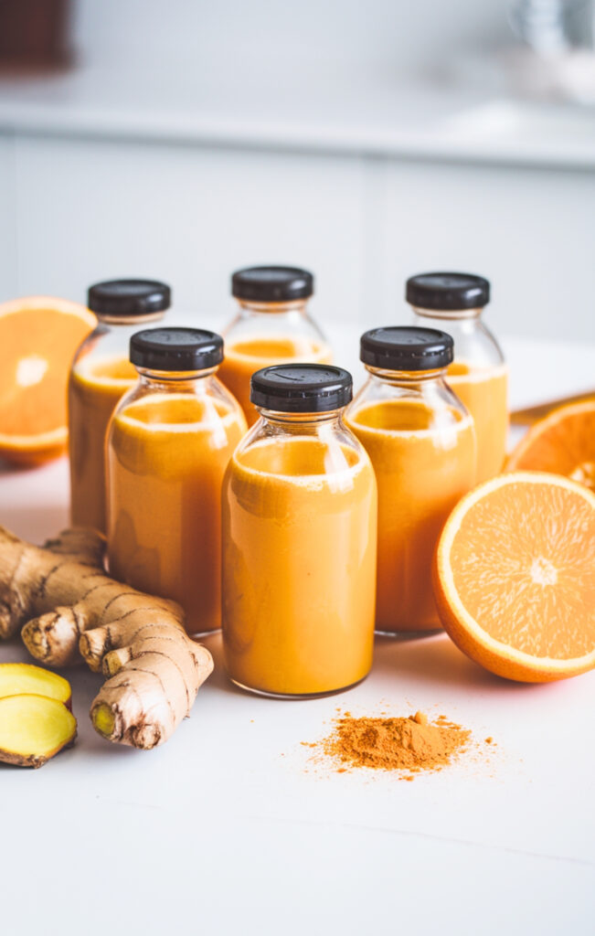 A fresh Orange Ginger Immunity Shot served in small glass bottles, arranged on a bright white surface with fresh orange slices and ginger root around. The drink has a vibrant golden-orange hue.