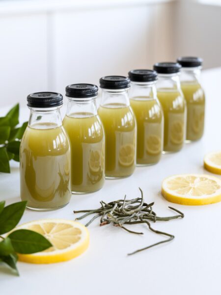 A fresh Gut Health Green Tea Shot served in small glass bottles, arranged on a bright white surface with green tea leaves, lemon slices, and a drizzle of honey around. The drink has a light golden-green hue.