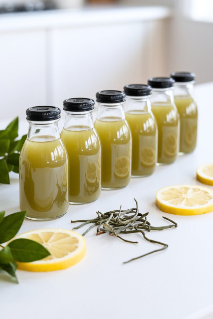 A fresh Gut Health Green Tea Shot served in small glass bottles, arranged on a bright white surface with green tea leaves, lemon slices, and a drizzle of honey around. The drink has a light golden-green hue.