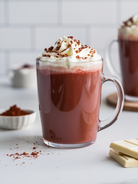 A mug of Red Velvet Hot Cocoa topped with whipped cream and red velvet cake crumbs, with a deep red color and silky texture.