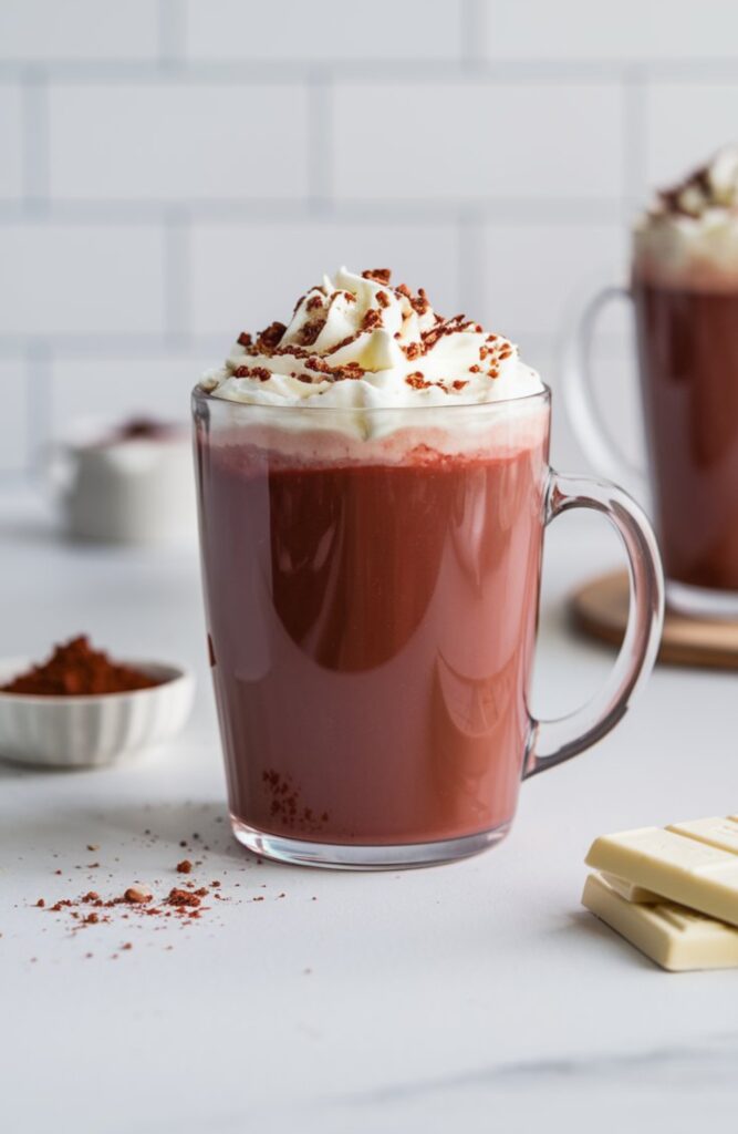 A mug of Red Velvet Hot Cocoa topped with whipped cream and red velvet cake crumbs, with a deep red color and silky texture.