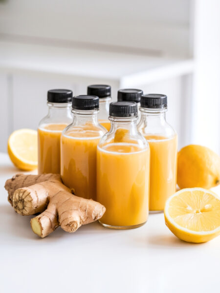 A fresh ginger shot served in a small glass bottle, garnished with a lemon wedge. The drink has a golden hue with a slightly spicy aroma.