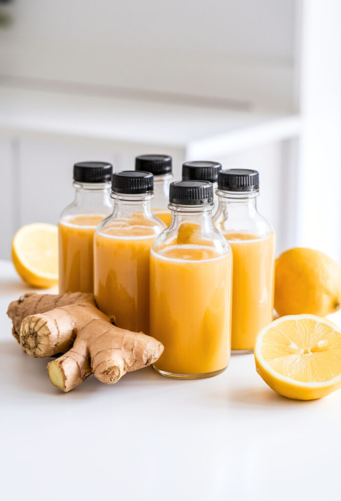 A fresh ginger shot served in a small glass bottle, garnished with a lemon wedge. The drink has a golden hue with a slightly spicy aroma.